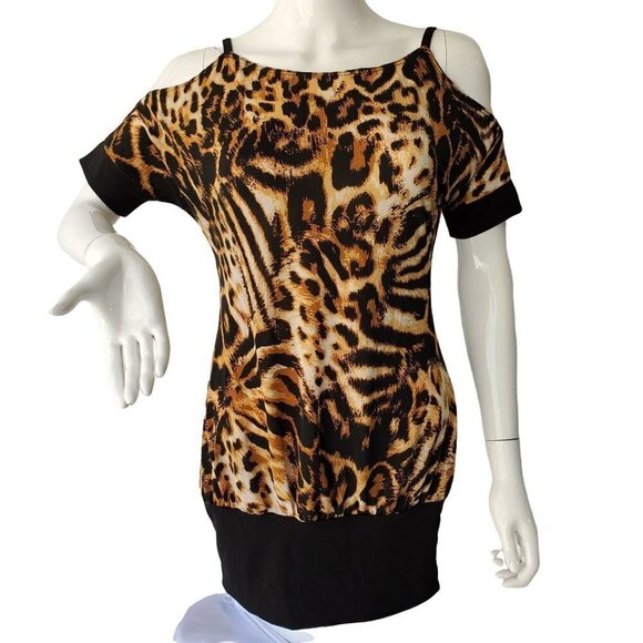 INC International Cold Shoulder Tunic Top Animal Print Poly Knit Women Small NWT - Picture 1 of 9